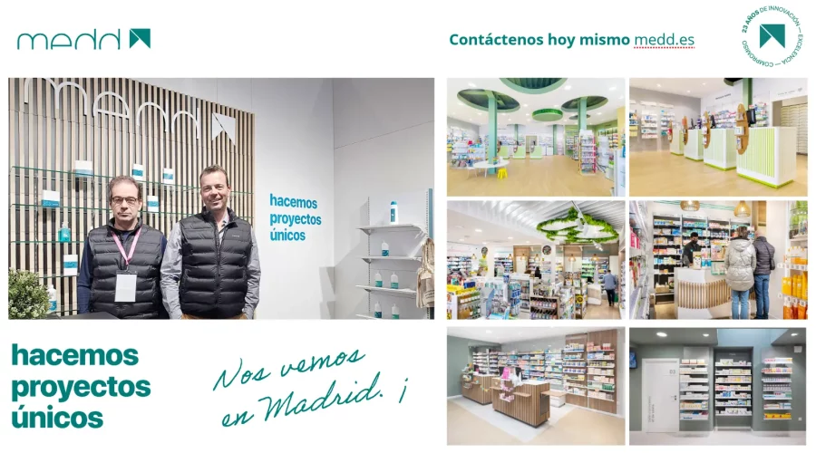Composición de imágenes en las que se puede ver una fotografía de la participación de Medd Design en la feria Infarma donde aparecen los dos representantes en su stand y otras imágenes de proyectos suyos en farmacias. En el texto de la imagen global se dan varios mensajes: hacemos proyectos únicos, nos vemos en Madrid y contáctenos hoy mismo medd.es