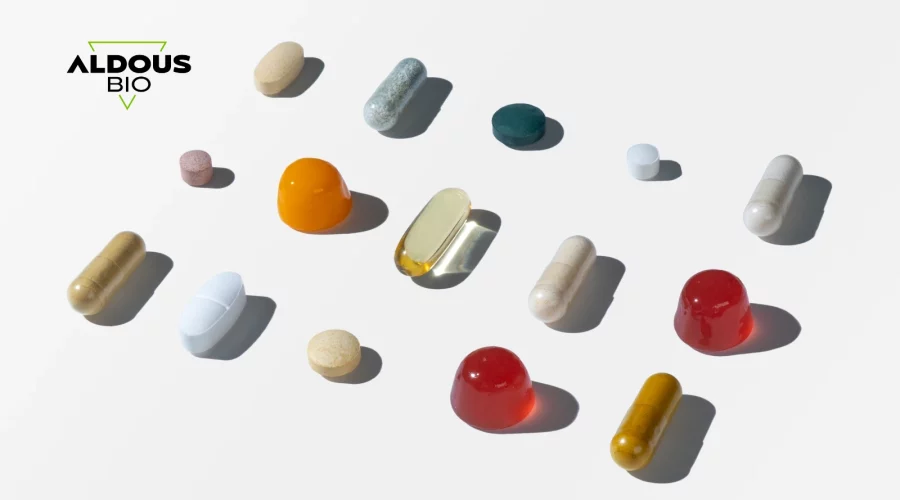 Aldous Bio - Composición de suplementos en diferentes formas y colores