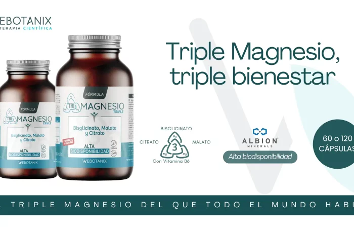 Webotanix - Triple Magnesio, triple bienestar - El triple magnesio del que todo el mundo habla - Imagen de producto donde se destacan los componentes: citrato, bisglicinato, malato y con vitamina B6 - Alta biodisponibilidad - 60 o 120 cápsulas