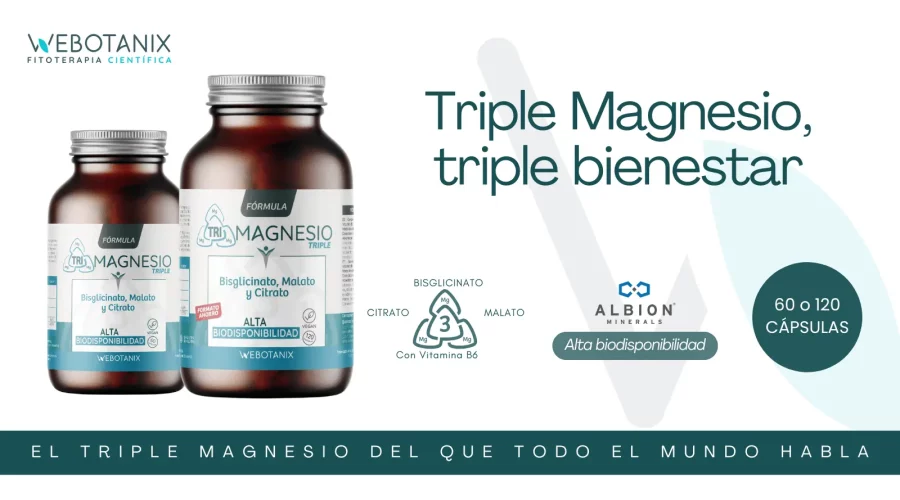 Webotanix - Triple Magnesio, triple bienestar - El triple magnesio del que todo el mundo habla - Imagen de producto donde se destacan los componentes: citrato, bisglicinato, malato y con vitamina B6 - Alta biodisponibilidad - 60 o 120 cápsulas