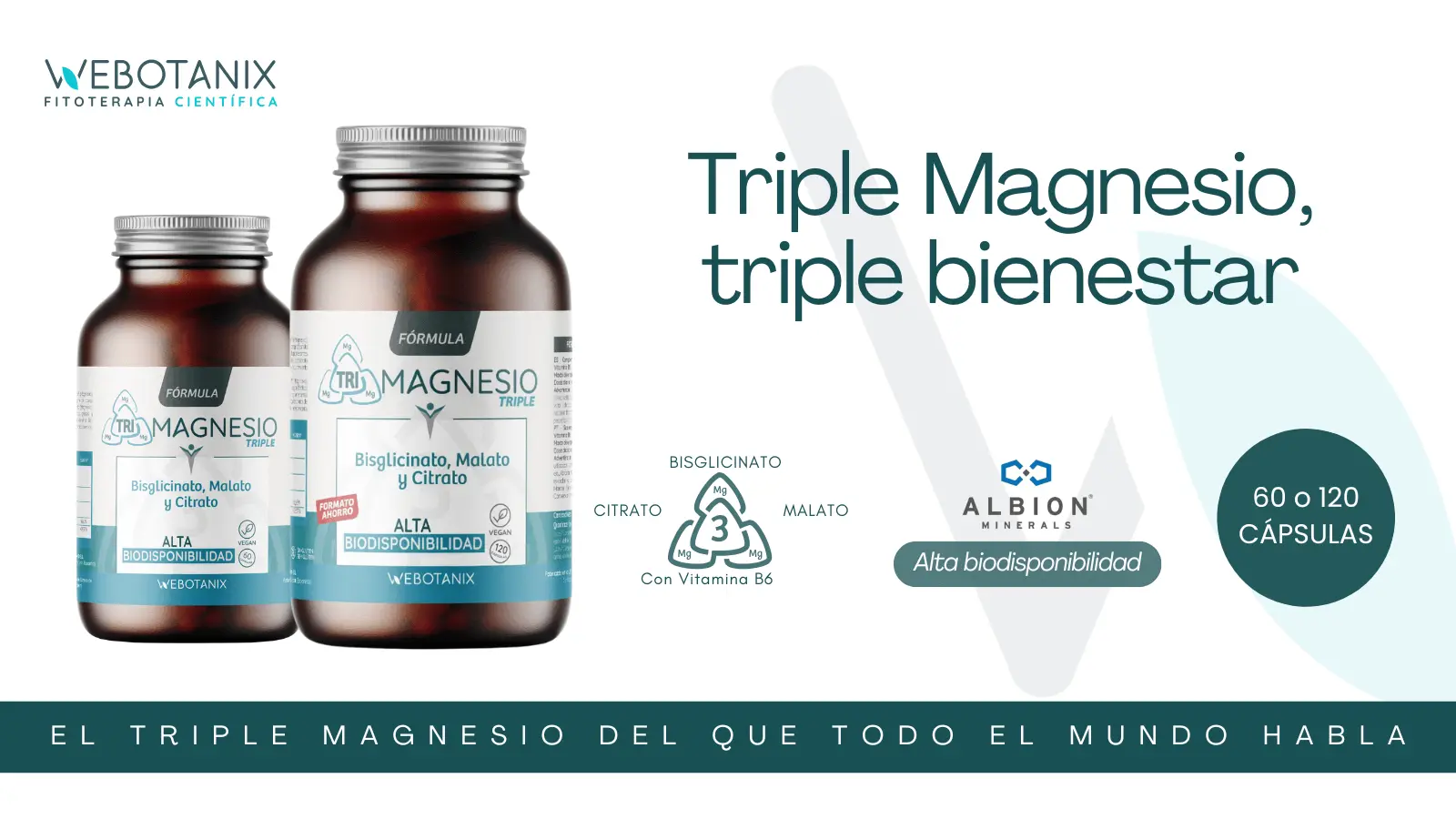Webotanix - Triple Magnesio, triple bienestar - El triple magnesio del que todo el mundo habla - Imagen de producto donde se destacan los componentes: citrato, bisglicinato, malato y con vitamina B6 - Alta biodisponibilidad - 60 o 120 cápsulas