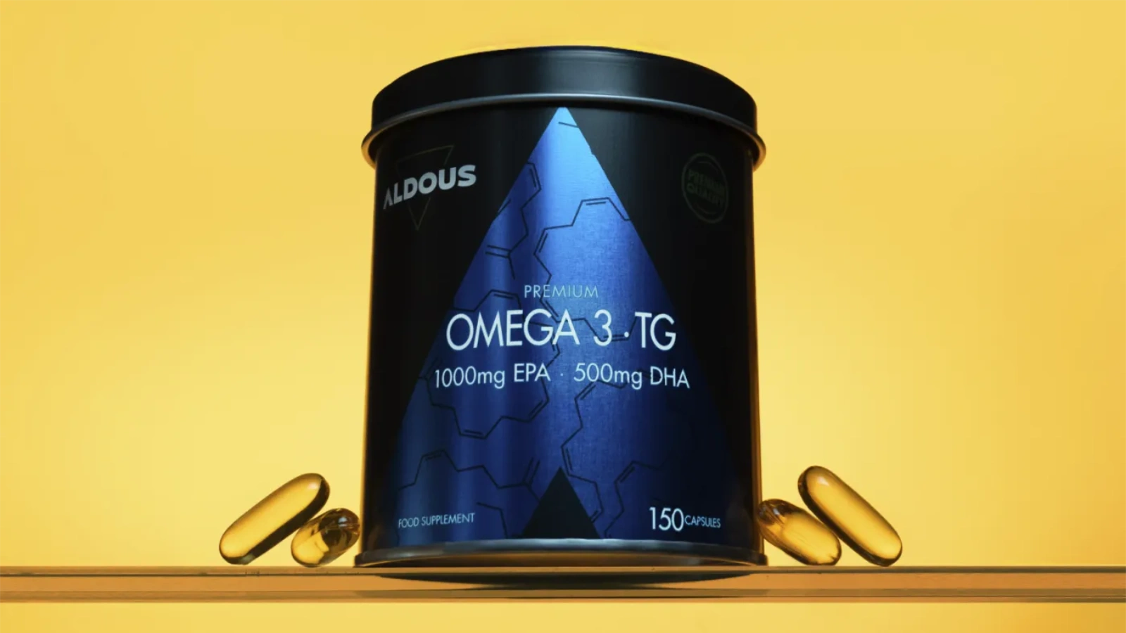Producto en caja azul sobre un fundo amarillo de Aldous Bio Omega 3