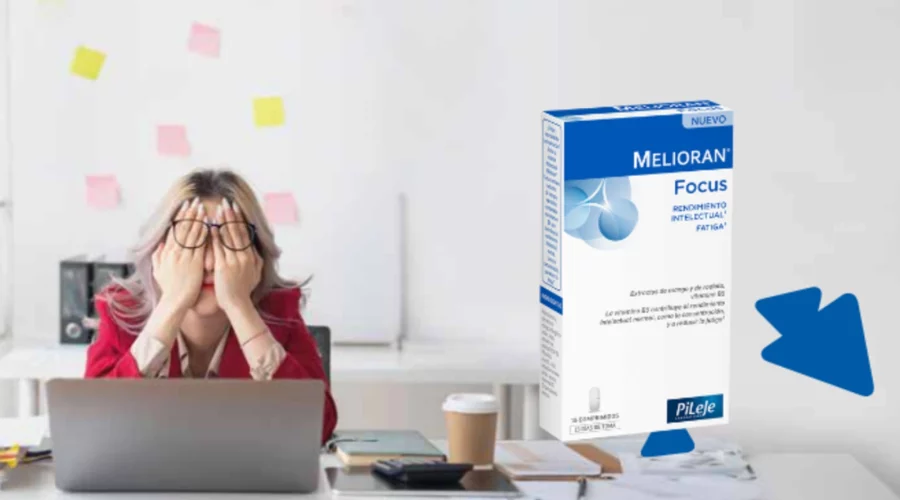 Composición de imagen donde aparece una mujer sentada en oficina tapándose la cara con ambas manos frente de ordenado. La otra imagen es la foto de producto de Pileje - Melioran