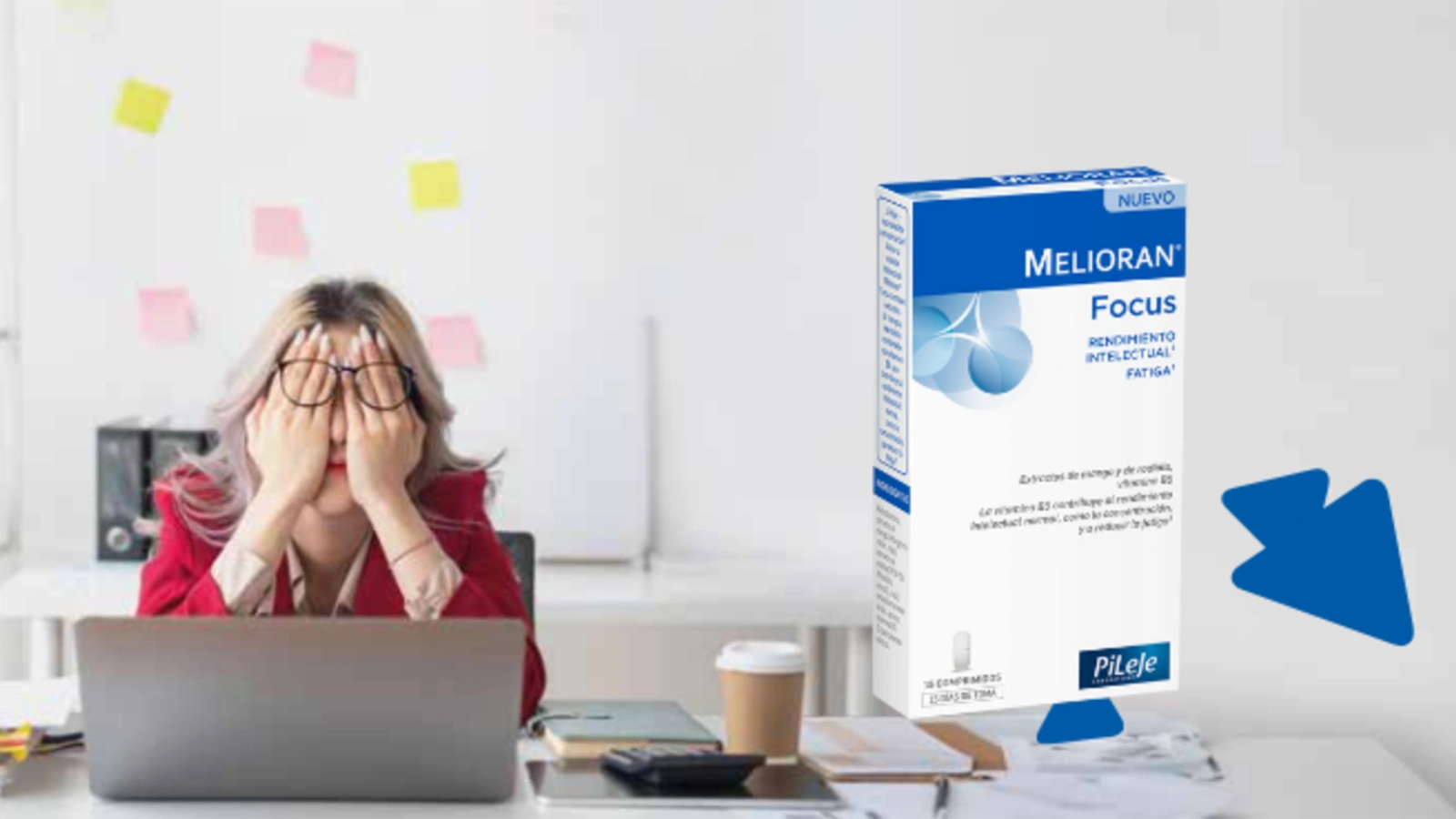 Composición de imagen donde aparece una mujer sentada en oficina tapándose la cara con ambas manos frente de ordenado. La otra imagen es la foto de producto de Pileje - Melioran