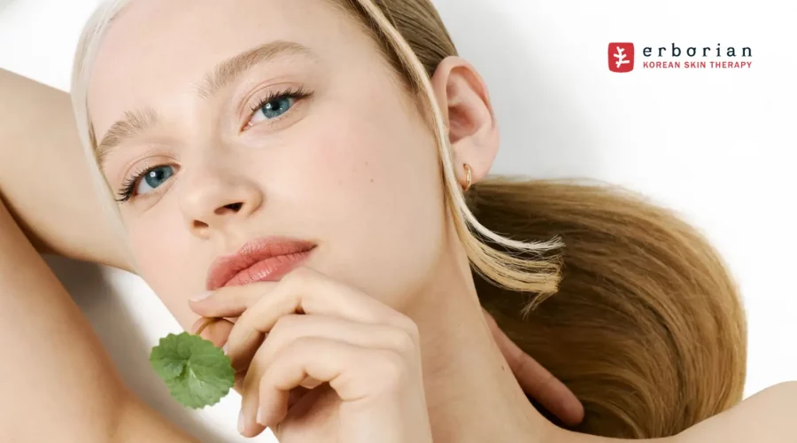 Erborian - chica rubia, ojos azules y tez blanca en pose relajada con trébol cerca de los labios