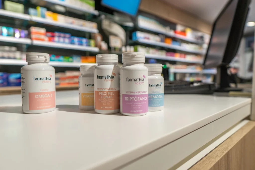 Productos de Farmathia en el mostrador de una farmcia