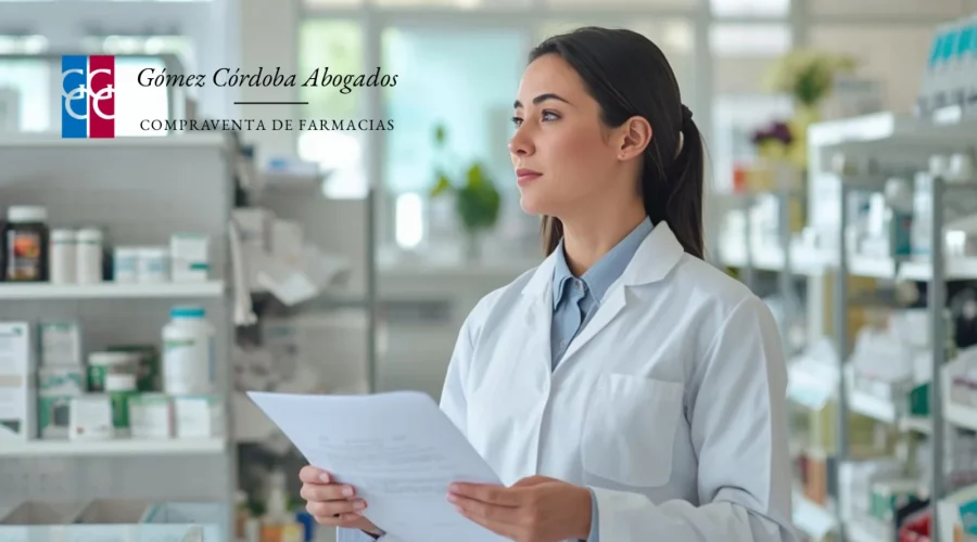 Logotipo de Gómez Córdoba superpuesto en imagen en la que aparece una farmacéutica en el interior de una farmacia sosteniendo un papel escrito en la manos.