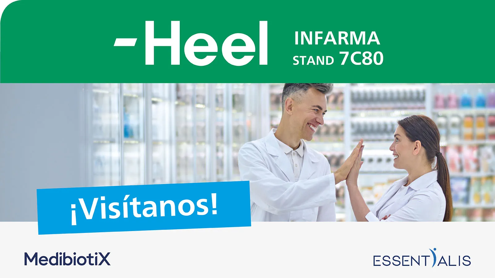 Heel + MedibiotiX + Essentialis - Infarma 2026 (stand 7C80) ¡Visítanos! | Imagen de dos farmacéuticos chocando los 5 en el interior de una farmacia
