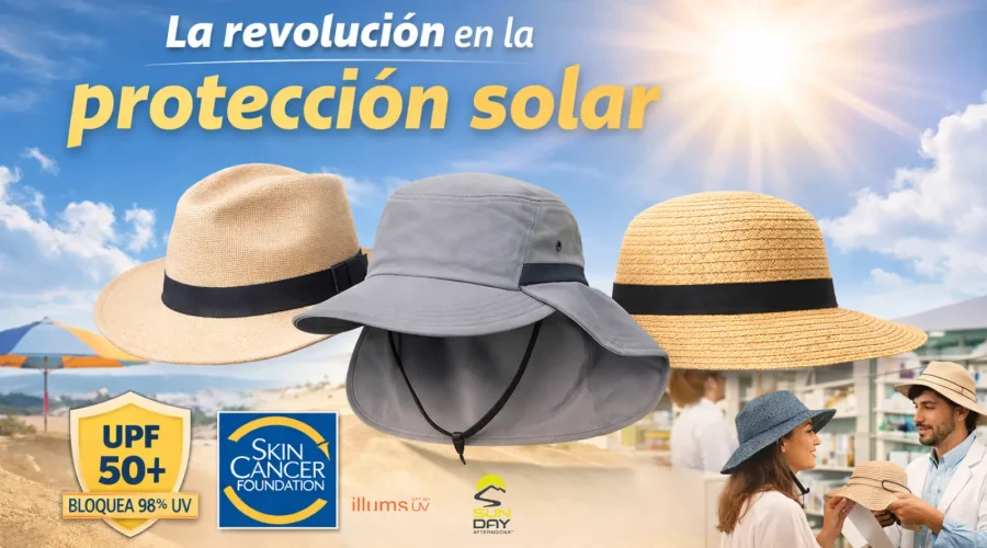 La revolución en la protección solar - imagen de 3 tipos d sobrero superpuesta a imagen de playa y farmacia