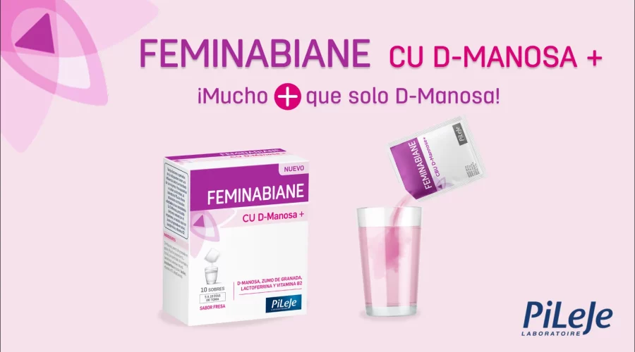 Pileje- Feminabiane CU D-MANOSA + | Mucho + que solo D-Manosa! Imagen de caja producto y baso en el que se vierte el contenido rosa de un sobre.