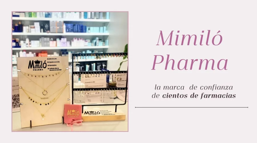Mimiló Pharma, la marca de confianza de cientos de farmacias (imagen de mostrador de farmacia con aparador de la marca con productos como collares y pendientes).