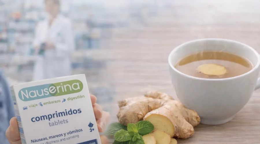 Laboratorios Deiters - Nauserina® | Imagen de producto con taza infusionada y jengibre.