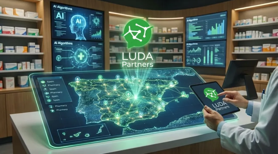 Luda Partners | imagen del interior de una farmacia con plano interactivo iluminado con localizaciones y el logo de luda que se proyecta desde la pantalla.