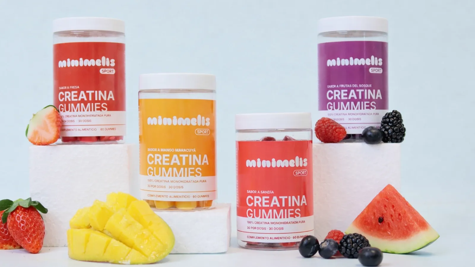 Minimelis - Bodegón de productos de creatina en formato gummies
