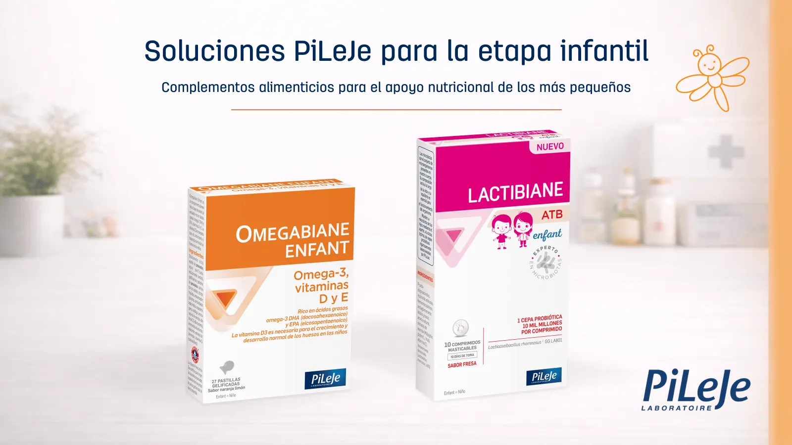 Pileje - Soluciones para la etapa infantil, complementos alimenticios para el apoyo nutricional de los más pequeños. Omegabiane enfant y Lactibiane ATB